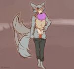  2021 artist_name beastars black_bottomwear black_clothing black_pants bottomwear canid canine canis clothed clothing frisbee frisbee_in_mouth fur genitals grey_body grey_fur lawyerdog legoshi_(beastars) male mammal pants penis shirt simple_background sleeveless_shirt solo tailwag topwear wolf 