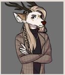 5_fingers anthro antlers blonde_hair blue_eyes braided_hair braided_ponytail brown_nose cervid clothed clothing crossed_arms ears_down fingers frown fully_clothed fur hair hi_res horn jacket jewelry kiri-anko long_hair looking_at_viewer male mammal necklace parted_hair pivoted_ears ponytail shirt sketch solo tan_body tan_fur topwear turtleneck white_body white_fur 