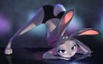  2021 anthro ass_up bottomwear clothed clothing disney female fur grey_body grey_fur hi_res jack-o&#039;_pose judy_hopps lagomorph leporid light lighting long_ears looking_at_viewer mammal midriff panties pose purple_eyes rabbit relaxable relaxablefur scut_tail shaded shirt shorts signature smile solo t-shirt text topwear underwear url zootopia 
