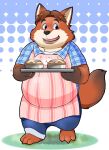  12beat13 2016 anthro apron belly black_nose bottomwear canid canine clothing dessert disney food fox gideon_grey kemono male mammal overweight overweight_male pants pie shirt solo topwear zootopia 