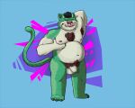  2021 absurd_res anthro balls bearnardo belly blood bodily_fluids domestic_cat felid feline felis flaccid fur genitals green_body green_fur hi_res horn humanoid_genitalia humanoid_hands humanoid_penis male mammal moobs nipples overweight overweight_male penis solo 