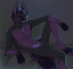  absurd_res anthro balls black_body black_fur canid canine canis claws erection fur genitals hair hi_res humanoid_genitalia humanoid_penis jackal male mammal mishy multicolored_body multicolored_fur multicolored_hair nipples nude penis purple_body purple_eyes purple_fur purple_hair simple_background solo two_tone_body two_tone_fur two_tone_hair valerij 