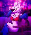  anthro black_hands blue_body blue_feathers breasts canid canine claws clothed clothing digital_media_(artwork) feathers female fur hi_res hybrid lingerie looking_at_viewer lynx3000 mammal red_eyes scorpion_tail smile solo white_body white_fur 
