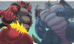  4_fingers anthro blue_body bubba_(spyro) butt claws dragon duo fingers fur gesture hi_res horn incineroar male muscular muscular_anthro muscular_male nintendo pecs pointing pointing_at_viewer pok&eacute;mon pok&eacute;mon_(species) red_body red_fur scalie steen video_games wings 