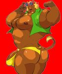  absurd_res animal_crossing anthro barely_contained big_muscles blonde_hair brown_body brown_fur bud_(animal_crossing) bulge butt clothing eyewear felid flexing fur genitals green_clothing green_topwear hair hi_res lion looking_at_viewer male mammal muscular muscular_anthro muscular_male nintendo nipples one_eye_closed pantherine pecs penis pubes red_background simple_background solo speedo sunglasses swimwear swirlzeez topwear video_games wink 