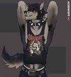  acidwuff anthro armpit_hair belt body_hair bottomwear canid canine canis clothing collar facial_hair facial_piercing hands_behind_head hat headgear headwear hi_res looking_at_viewer male mammal midriff nose_piercing nose_ring pants piercing punk scruffy shirt sideburns slipknot solo spiked_collar spikes tank_top topwear wolf yellow_eyes 