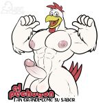  1:1 abs absurd_res albertcrow anthro avian balls big_pecs bird chicken flexing galliform gallus_(genus) genitals gesture hi_res humanoid_genitalia humanoid_penis looking_at_viewer male muscular muscular_male navel nude open_mouth pecs penis phasianid red_eyes simple_background solo thumbs_up white_background white_body 