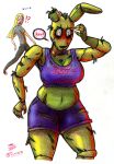  anthro belly blush bottomwear chubby_female claws clothing duo english_text female five_nights_at_freddy&#039;s gasp glowing glowing_eyes hi_res human legwear looking_at_another male male/female mammal monsterdongles shorts springtrap_(fnaf) surprised_expression text thick_thighs thigh_highs tunk_saray_lovesta video_games 