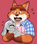  12beat13 2016 anthro apron bodily_fluids canid canine carrying clothing crying disney duo eyes_closed fox gideon_grey humanoid_hands kemono lagomorph leporid long_ears male mammal rabbit red_background shirt simple_background slightly_chubby sweat tears topwear zootopia 