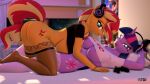  16:9 3d_(artwork) anthro anthrofied anthroponiessfm bottomless breasts butt clothed clothing controller cutie_mark digital_media_(artwork) duo equestria_girls equid equine female female/female friendship_is_magic game_controller hair hasbro headphones hi_res holding_controller holding_game_controller holding_object horn inside legwear looking_at_viewer lying mammal multicolored_hair my_little_pony on_back orange_body purple_body smile stockings sunset_shimmer_(eg) thigh_highs twilight_sparkle_(mlp) under_boob unicorn widescreen 