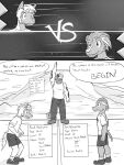  2015 3:4 anthro anthrofied bottomwear clothed clothing comic dialogue electrike english_text fighting_pose footwear fully_clothed fuze gordon_(fuze) greyscale groudon hi_res jolt_(fuze) legendary_pok&eacute;mon male monochrome muscular muscular_male nintendo pants pawl_(fuze) pok&eacute;mon pok&eacute;mon_(species) pok&eacute;morph poochyena pose shirt shoes shorts socks t-shirt tank_top text topwear trio versus video_games 