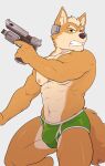  2021 abs anthro biceps bulge canid canine clothed clothing fangs fox fox_mccloud fur green_eyes grey_background gun hi_res holding_object holding_weapon male mammal muscular muscular_anthro muscular_male nintendo nipples open_mouth pecs portrait quads ranged_weapon sharp_teeth simple_background solo star_fox tan_body tan_fur teeth three-quarter_portrait triceps underwear underwear_only video_games weapon wolfybuns 