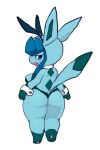 2:3 anthro breasts bunny_costume butt clothing costume eeveelution embarrassed fake_ears fake_rabbit_ears female glaceon hi_res nintendo pok&eacute;mon pok&eacute;mon_(species) rear_view short_stack simple_background snaggle_tooth solo video_games white_background zamuzaza2 