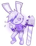  chainsaw clothing disfigure gesture hair hair_over_eye hi_res holding_object holding_weapon lagomorph leporid mammal middle_finger monochrome one_eye_obstructed power_tool rabbit sharp_teeth simple_background solo teeth text text_on_clothing tools torn_clothing weapon white_background 