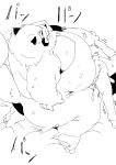  2021 absurd_res anthro belly big_belly bodily_fluids butt canid canine duo genitals hi_res japanese_text kemono male male/male mammal monochrome moobs nipples overweight overweight_male penis raccoon_dog sex sigenoya sketch sweat takotyutyu tanuki text 
