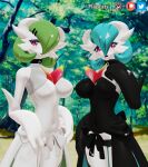  3d_(artwork) big_breasts blue_hair blush breasts clothed clothing digital_media_(artwork) duo female female/female flapcats green_hair hair hi_res humanoid looking_at_viewer mega_evolution mega_gardevoir nintendo not_furry panties pok&eacute;mon pok&eacute;mon_(species) red_eyes shiny_pok&eacute;mon smiles underwear video_games waeverstan 