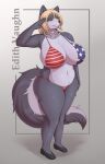  absurd_res anthro big_breasts bikini blonde_hair breasts canid canine canis clothed clothing edith_vaughn female fur hair harnny hi_res kemono mammal mature_female multicolored_body multicolored_fur solo stars_and_stripes swimwear two_tone_body two_tone_fur united_states_of_america wolf 