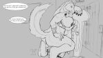  16:9 alaskan_malamute anthro canid canine canis domestic_dog english_text female happy hi_res hug larger_female male mammal monochrome motherly nordic_sled_dog nude shield size_difference smaller_male smile spitz text widescreen wolf wolfywetfurr wolfywetfurr_(artist) 