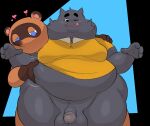  &lt;3 animal_crossing anthro balls belly bottomless brown_body brown_fur canid canine clothed clothing domestic_cat duo eroborus felid feline felis fur genitals grey_body grey_fur hi_res male male/male mammal moobs nintendo overweight overweight_anthro overweight_male penis pooka_(ero) raccoon_dog shirt tanuki thick_thighs tom_nook_(animal_crossing) topwear video_games 