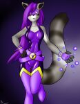  anthro belt black_nose breasts clothed clothing danaume ear_piercing female fingerless_gloves glistening glistening_clothing gloves hair hand_on_hip handwear hi_res latex_clothing legwear long_hair long_tail looking_at_viewer mammal mask piercing powers procyonid purple_hair raccoon ringtail simple_background solo standing superhero teeth thigh_highs tight_clothing 
