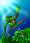  action_pose anthro armor arrow bow_(weapon) bracers claws clothing danaume detailed_background digitigrade eyebrows female green_body hi_res holding_object holding_weapon horn jumping kobold looking_at_viewer one_eye_closed outside plant pose pupils quiver ranged_weapon slit_pupils solo sun toe_claws tree weapon 