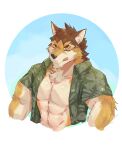  abs anthro barrel_(live-a-hero) canid canine canis clothed clothing hi_res live-a-hero male mammal muscular muscular_anthro muscular_male open_clothing pecs simple_background solo tobenaibuka video_games wolf 