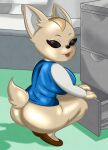  2021 aggressive_retsuko anthro big_breasts big_butt bottomless breasts bubble_butt butt cabinet canid canine clothed clothing crouching curvaceous curvy_figure eifiemoth female fennec fenneko fingers fox fur hi_res hourglass_figure huge_breasts huge_butt inner_ear_fluff inside looking_at_viewer looking_back mammal narrowed_eyes office open_mouth open_smile partially_clothed pose presenting presenting_hindquarters rear_view sanrio seductive shadow short_stack smile solo standing tan_body tan_fur thick_thighs tongue tuft voluptuous wide_hips 