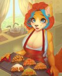  anthro apron baking_tray big_breasts black_nose blue_eyes blue_fingernails blue_hair bread breasts canid canine cleavage clothed clothing croissant digital_media_(artwork) eyelashes female food fox grace_kaiser hair hi_res holding_object inner_ear_fluff inside kitchen kitchen_counter looking_at_viewer mammal markings mole_(marking) open_mouth orange_hair shaded sink solo tuft varollis 