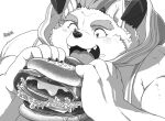  anthro behemoth_(housamo) blush bodily_fluids burger clothed clothing digital_media_(artwork) eating eyebrows food fur hijirinoyuta holding_burger holding_food holding_object hoodie horn male monochrome monster open_mouth saliva saliva_string simple_background solo teeth tokyo_afterschool_summoners topwear video_games white_background 