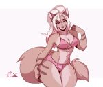  2021 anthro biped bra breasts bulge canid canine clothing detailed_bulge genital_outline gynomorph intersex katfishcom mammal panties penis_outline pink_bra pink_clothing pink_panties pink_underwear red_eyes simple_background solo standing underwear white_background 