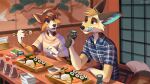  16:9 2021 alcohol beverage canid canine canis chopsticks clothing cup domestic_dog drinking eating female fish food fox inside male mammal marine multyashka-sweet open_mouth painting pattern_clothing plaid plaid_clothing restaurant sake sauce shirt striped_clothing stripes sushi topwear tray widescreen 