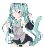  &lt;3 &lt;3_eyes :3 absurd_res alternate_species anthro armwear blue_eyes blue_hair blue_necktie blush bottomwear clothing detached_sleeves domestic_cat eyebrow_through_hair eyebrows felid feline felis female furrification grey_clothing grey_shirt grey_topwear hair hatsune_miku hi_res long_hair looking_at_viewer mammal necktie one_eye_closed shirt simple_background skeet_(artist) skirt solo topwear translucent translucent_hair vocaloid white_background wink 