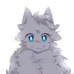  1:1 ambiguous_gender anthro arm_tuft blue_eyes blush canid canine canis changed_(video_game) chest_tuft fluffy fur gesture head_tuft hi_res inner_ear_fluff lin_(changed) looking_at_viewer mamesora0255 mammal neck_tuft simple_background smile solo tuft white_background white_body white_fur wolf 
