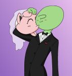  ?_face anon black_tie_(suit) blush bow_tie bride clothing duo eyes_closed female feral green_body groom happy_harvey holding_face human interspecies jigglypuff kissing_cheek lifting male male/female mammal married_couple nintendo phone_drawing pink_body pok&eacute;mon pok&eacute;mon_(species) purple_background simple_background smile standing standing_on_another suit suit_jacket video_games wedding wedding_veil 