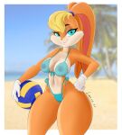  absurd_res anthro areola beach big_breasts bikini blonde_hair breasts camel_toe cleavage clothed clothing female hair hand_on_hip hi_res lagomorph leporid lian_(artist) lola_bunny looney_tunes mammal nipple_outline nipples outside rabbit seaside side-tie_bikini solo swimwear thick_thighs translucent translucent_clothing warner_brothers wide_hips 