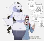 anthro big_breasts breasts cleavage clothed clothing dialogue english_text female fur hand_on_hip hi_res human larger_female legendary_pok&eacute;mon male mammal nintendo pok&eacute;mon pok&eacute;mon_(species) profanity reshimom_(thiccwithaq) reshiram size_difference smaller_male text thiccwithaq video_games white_body white_fur 