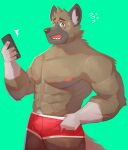  abs aggressive_retsuko anthro biceps bottomwear bulge cellphone cilok clothing fur green_background haida hi_res hyaenid male mammal muscular muscular_anthro muscular_male phone sanrio simple_background solo 