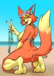  animal_crossing anthro audie_(animal_crossing) beach bikini blonde_hair bottomless breasts butt canid canine canis claws clothed clothing dipstick_tail eyes_closed fangs feet female fur gesture hair inner_ear_fluff kneeling mammal multicolored_tail nintendo open_mouth orange_body orange_fur poyopop rear_view sea seaside side_boob sky smile solo swimwear toe_claws toes tongue tuft v_sign video_games water wolf 