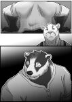  absurd_res anthro badger clothed clothing comic echo_(series) echo_project european_badger felid fur hi_res male mammal meles monochrome multicolored_body multicolored_fur mustelid musteline nekku_guy nikolai_(the_smoke_room) pantherine samuel_ayers the_smoke_room video_games visual_novel 