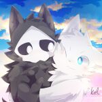  1:1 4_fingers ambiguous_gender anthro black_body black_fur black_sclera blue_eyes blush canid canine canis changed_(video_game) chest_tuft cloudscape daww duo fingers fur goo_creature head_tuft hi_res hug lin_(changed) looking_at_another male mamesora0255 mammal mask neck_tuft one_eye_closed puro_(changed) sky tuft white_body white_eyes white_fur wolf 