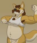  anthro armpit_hair belly body_hair canid canine canis clothed clothing dingo facial_hair flexing genitals grin hi_res lewd_latte male mammal muscular mustache penis pose shirt smile smirk solo tank_top topwear 