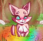  anthro blue_eyes blush breasts bubble domestic_cat felid feline felis female fog forest fur grass hi_res liquid looking_pleasured mammal markings nipples nude pink_body pink_fur plant pond rainbow_water rock shima_luan solo super_planet_dolan tree unknown_artist white_cheeks white_markings 