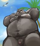  2021 absurd_res anthro balls beach belly black_nose blush canid canine canis cute_fangs domestic_dog flaccid genitals hi_res humanoid_genitalia humanoid_hands humanoid_penis kemono male mammal moobs navel nipples outside overweight overweight_male penis seaside solo yuuh1212 