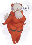  2021 anthro anthrofied big_breasts breasts canid featureless_breasts featureless_crotch female full-length_portrait grey_hair grey_tail hair hair_over_eyes hi_res hisuian_growlithe mammal nintendo open_mouth orange_body pok&eacute;mon pok&eacute;mon_(species) pokemon_legends_arceus portrait regional_form_(pok&eacute;mon) rizkitsuneki simple_background slightly_chubby solo speech_bubble standing stripes text url video_games white_background wide_hips 