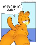  2021 ambiguous_gender anthro anthrofied butt dialogue domestic_cat english_text felid feline felis frown fur garfield_(series) garfield_the_cat half-closed_eyes hi_res looking_at_viewer looking_back looking_back_at_viewer lying mammal narrowed_eyes nude on_front orange_body orange_fur portrait rear_view rizkitsuneki solo speech_bubble stripes talking_to_viewer text three-quarter_portrait url 