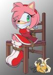  amy_rose anthro bdsm blush bondage bound chair clothed clothing eulipotyphlan female furniture gag hedgehog kidnapping mammal one_eye_closed peachyowlnights rope rope_bondage sega sitting solo sonic_the_hedgehog_(series) wiggle 