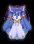 2021 5_fingers anthro arm_markings armlet_(marking) black_nose blue_body blue_fur blue_hair breasts bust_portrait canid canine collar conditional_dnp digital_media_(artwork) female fingers fox fur gold_(metal) gold_shackles hair hand_on_head hand_on_own_head hi_res humanoid_hands jewelry kadath krystal looking_at_viewer mammal markings nintendo nipple_piercing nipple_ring nipples nude piercing portrait shackles smile solo star_fox tribal tribal_markings video_games white_markings 