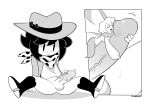  anthro avian balls bird bodily_fluids boots bottomless breasts clothed clothing clover(undertale_yellow) cowboy dangerking11 duo feathers female footwear genitals greyscale hi_res human larger_male licking macro male male/female mammal martlet(undertale_yellow) micro micro_on_macro monochrome monster non-mammal_breasts oral penile penis penis_lick sex simple_background size_difference smaller_female sweat tongue tongue_out undertale undertale_yellow video_games white_background 