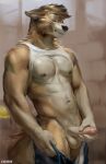  2021 abs anthro balls bodily_fluids canid canine canis chunie claws clothed clothing detailed_background digital_media_(artwork) erection eyes_closed foreskin genital_fluids genitals glans hi_res humanoid_genitalia humanoid_penis male mammal masturbation muscular muscular_male nipples partially_clothed partially_retracted_foreskin penile penile_masturbation penis precum solo uncut wolf 