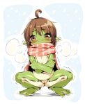  amphibian anthro chubby_female crossed_arms crouching female frog genitals hi_res mostly_nude oseron pussy scarf scarf_only shaking solo trembling worried young 